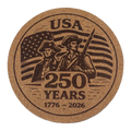Cork coaster with USA 250 Years design featuring two historical figures and an American flag.