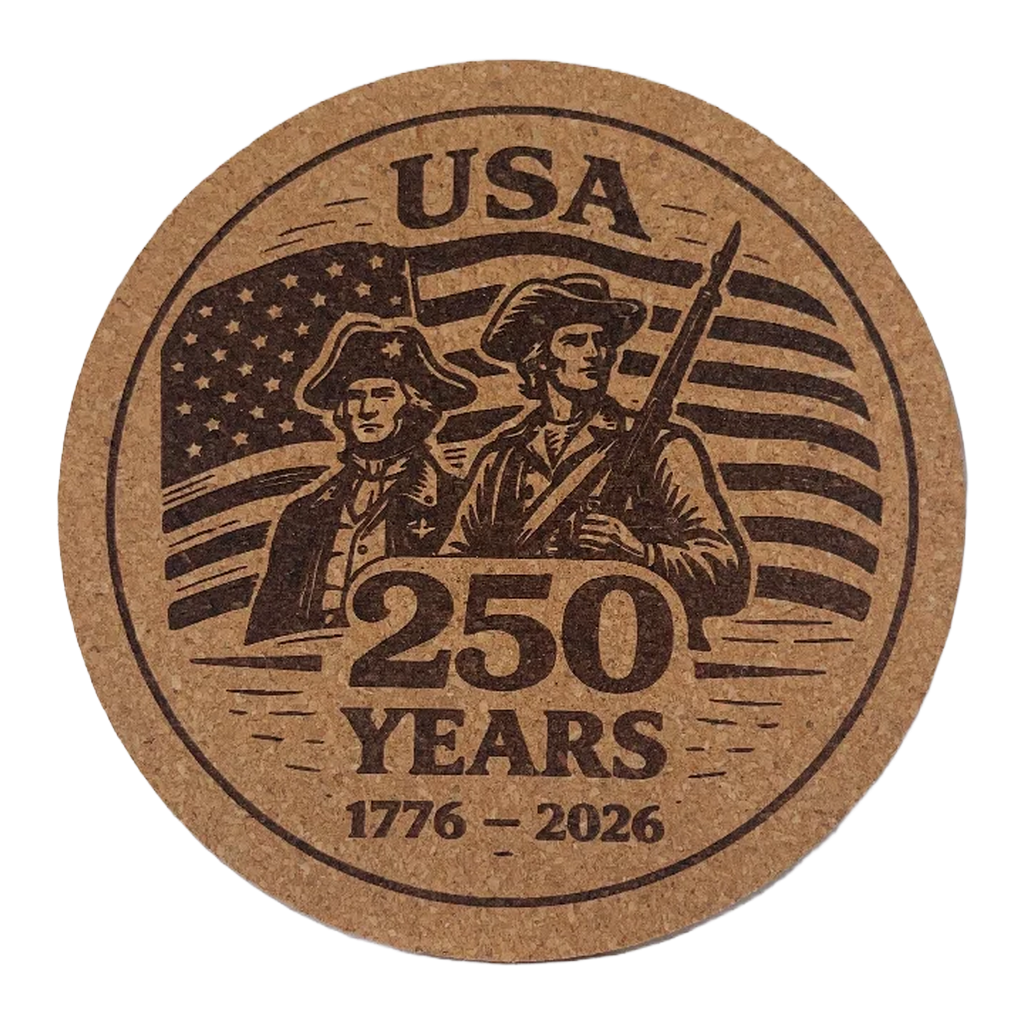 Cork coaster with USA 250 Years design featuring two historical figures and an American flag.