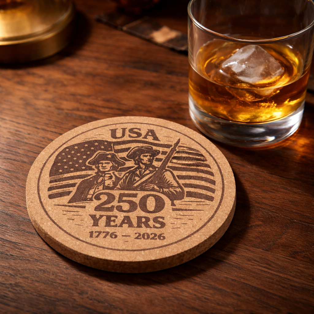 Coaster with 'USA 250 Years' design on a wooden surface with a glass of whiskey.