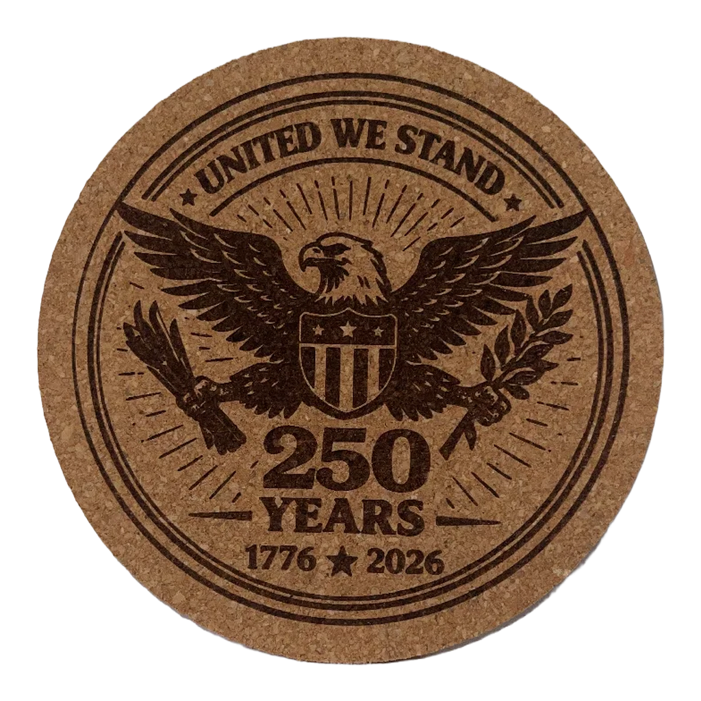 4 inch cork coaster – UNITED WE STAND 250 YEARS 1776-2026 – America 250 theme design 02