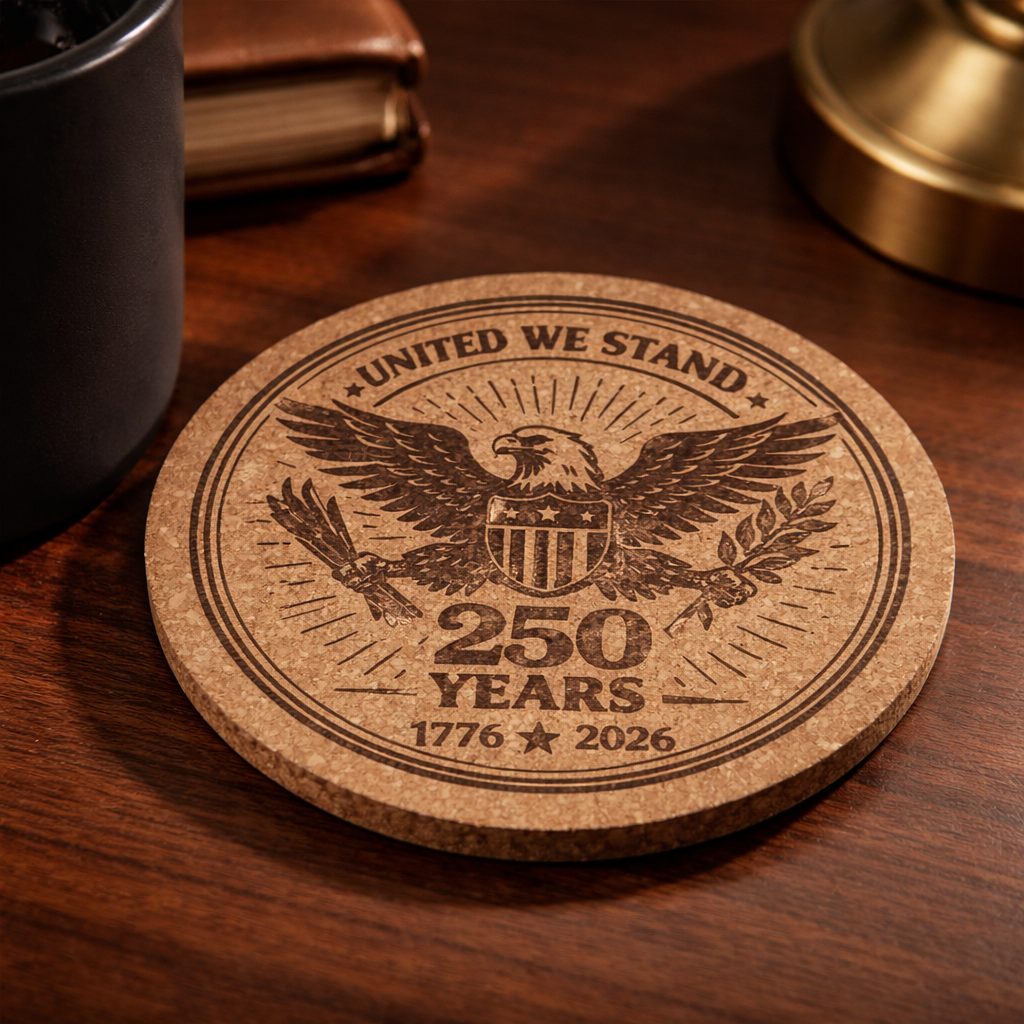 4 inch cork coaster – UNITED WE STAND 250 YEARS 1776-2026 – America 250 theme design 02