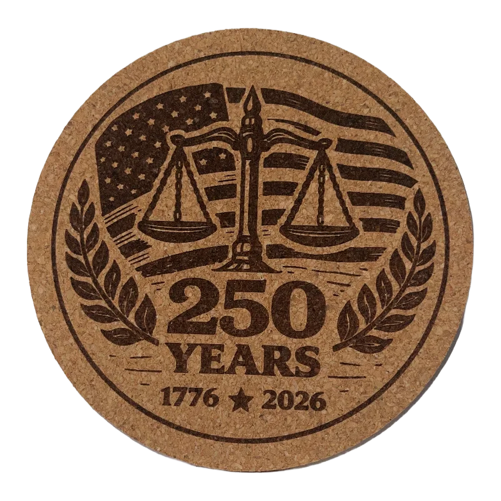 4 inch cork coaster – SCALES OF JUSTICE 250 YEARS 1776-2026 – America 250 theme design 03