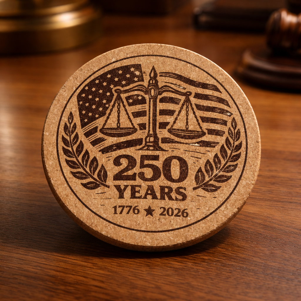 4 inch cork coaster – SCALES OF JUSTICE 250 YEARS 1776-2026 – America 250 theme design 03