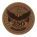 Cork coaster with an eagle design and 'United States of America 250 Years' text on a white background