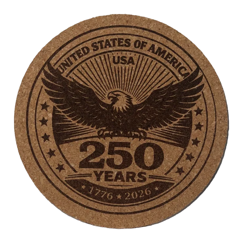Cork coaster with an eagle design and 'United States of America 250 Years' text on a white background