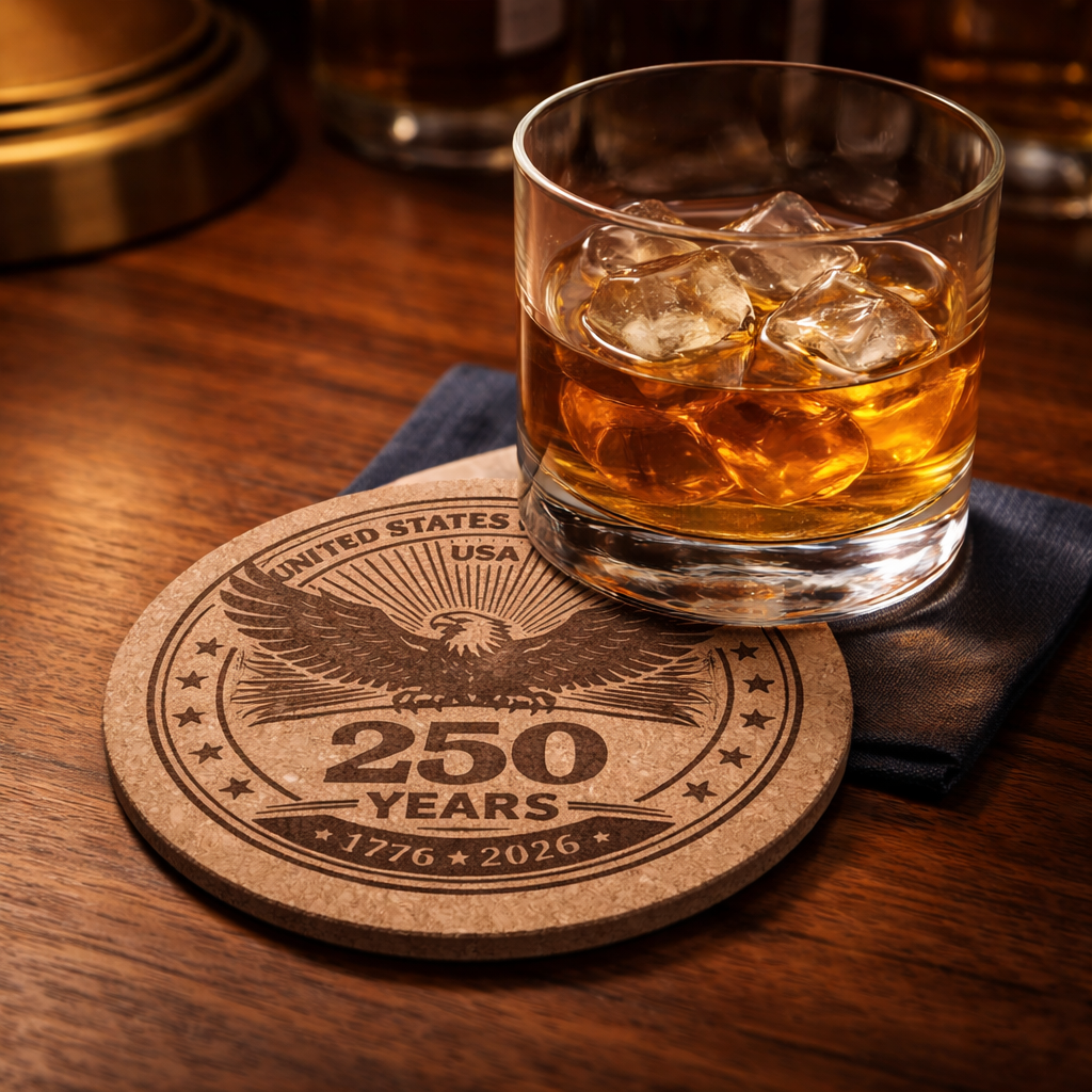 Glass of whiskey with ice on a coaster celebrating 250 years of the United States, placed on a wooden surface.