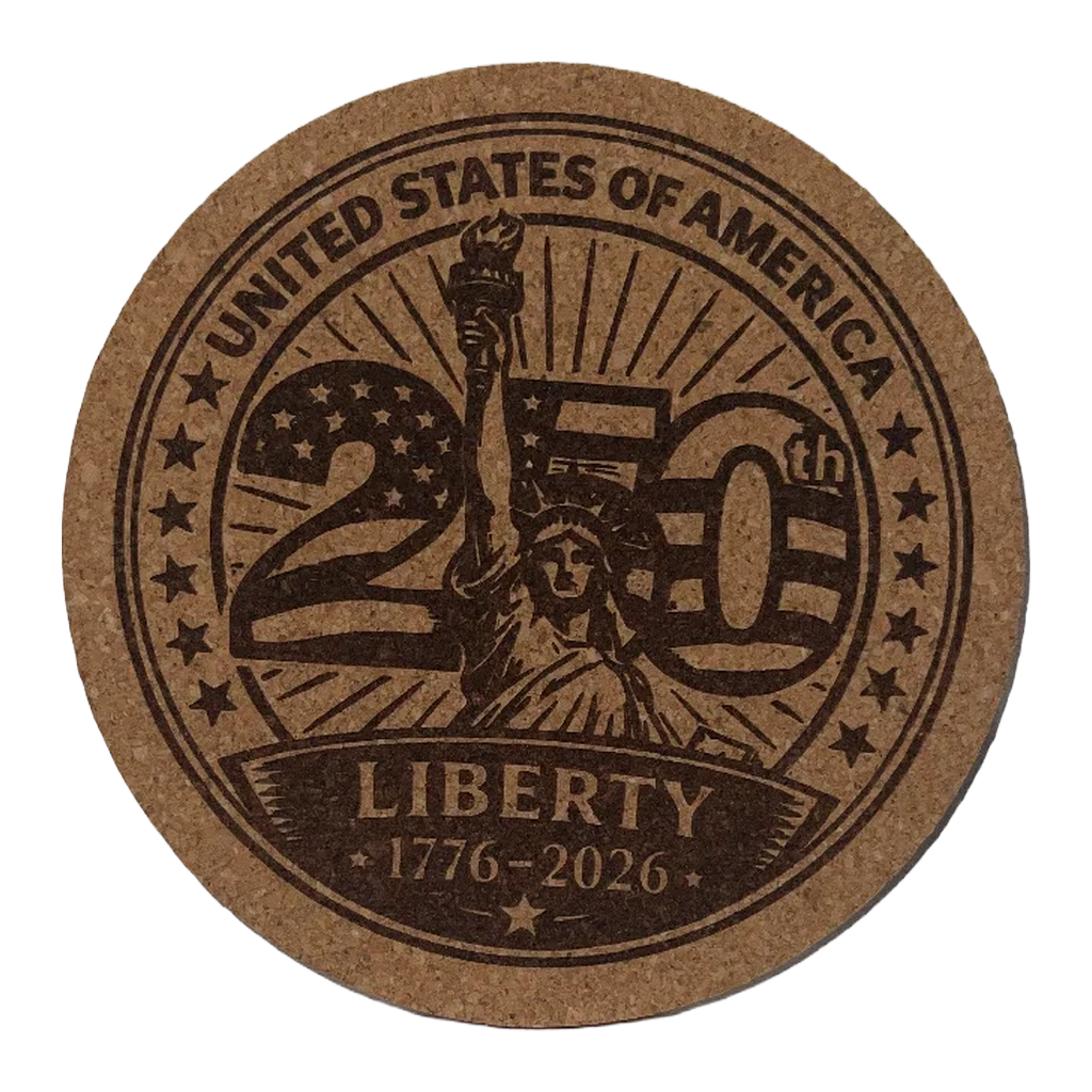Cork coaster celebrating the 250th anniversary of the United States with the Statue of Liberty.