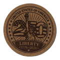 Cork coaster celebrating the 250th anniversary of the United States with the Statue of Liberty.