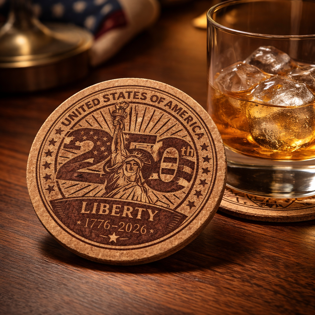 Wooden coaster with 'United States of America 250th Liberty' design next to a glass of whiskey on a wooden table.