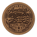 Cork coaster celebrating America's 250th anniversary with star and stripe design.