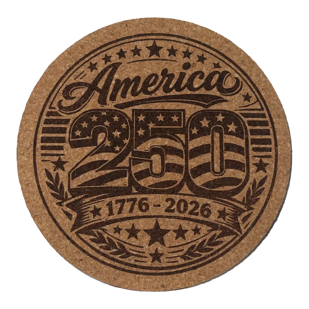 Cork coaster celebrating America's 250th anniversary with star and stripe design.