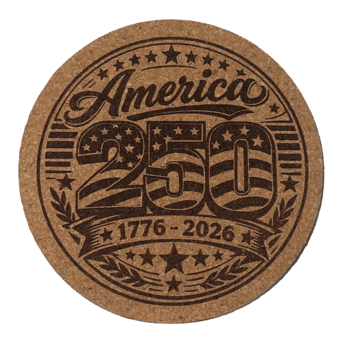 Cork coaster celebrating America's 250th anniversary with star and stripe design.