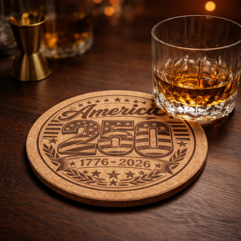 Coaster with 'America 250' design on a wooden surface with a glass of whiskey.