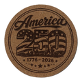 Round cork coaster with 'America 250' design celebrating 250 years from 1776 to 2026.