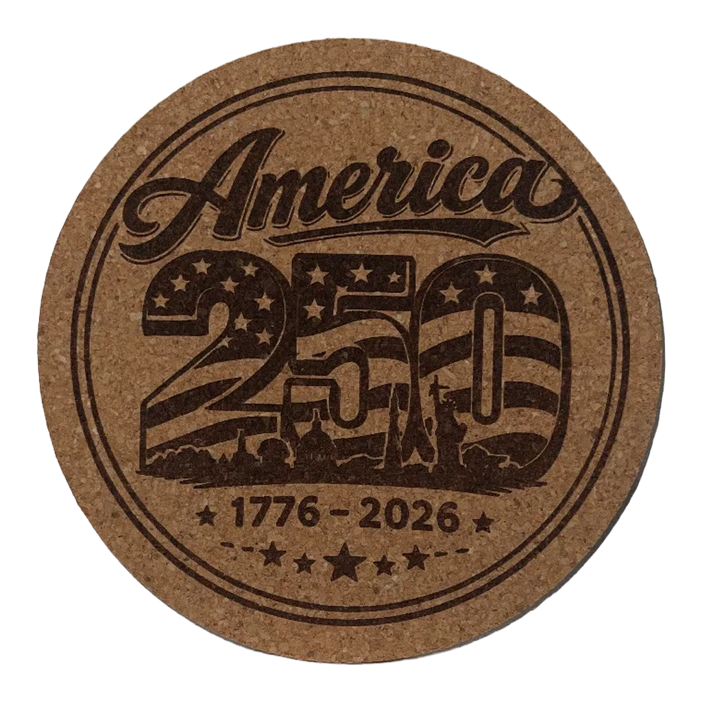 Round cork coaster with 'America 250' design celebrating 250 years from 1776 to 2026.