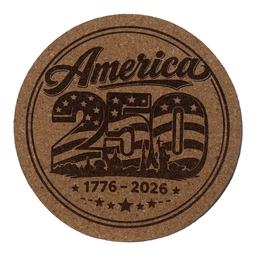 Round cork coaster with 'America 250' design celebrating 250 years from 1776 to 2026.