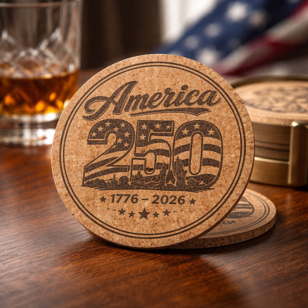 Cork coaster celebrating America's 250th anniversary on a wooden surface with a glass of whiskey and American flag in the background.