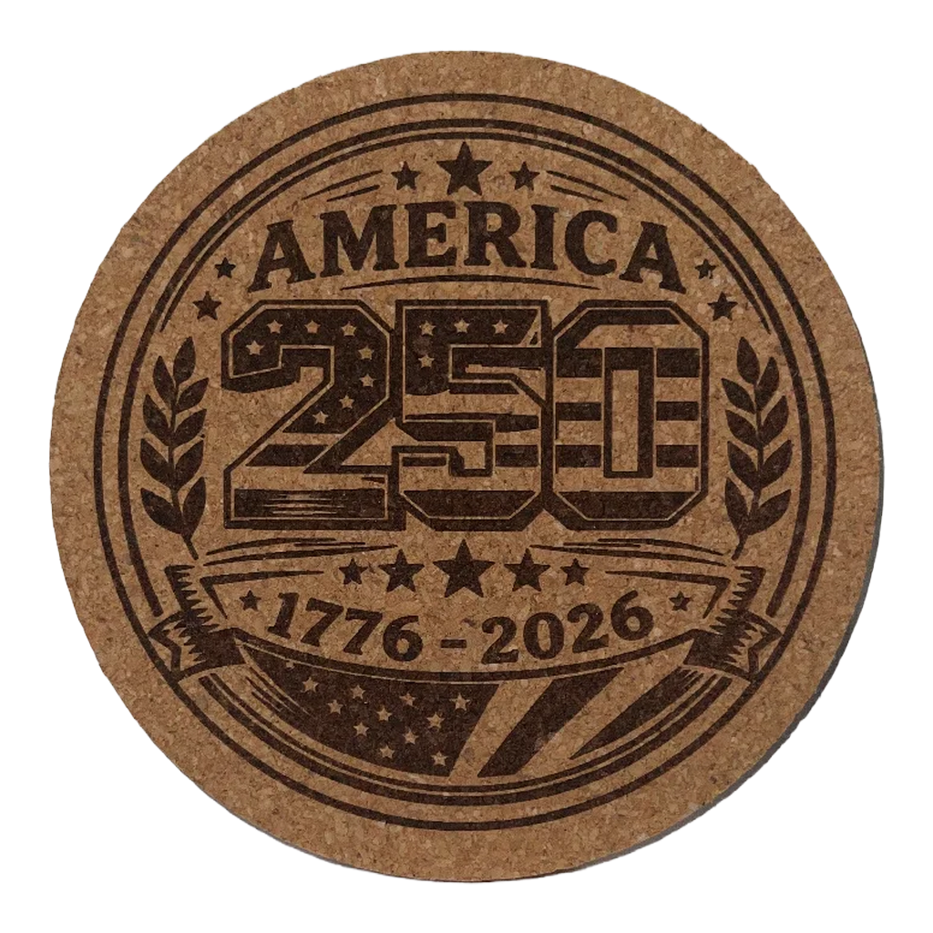 Round cork coaster with 'America 250' and '1776-2026' text on a white background