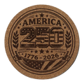 Round cork coaster with 'America 250' and '1776-2026' text on a white background