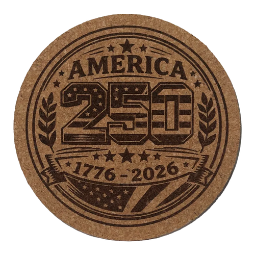 Round cork coaster with 'America 250' and '1776-2026' text on a white background