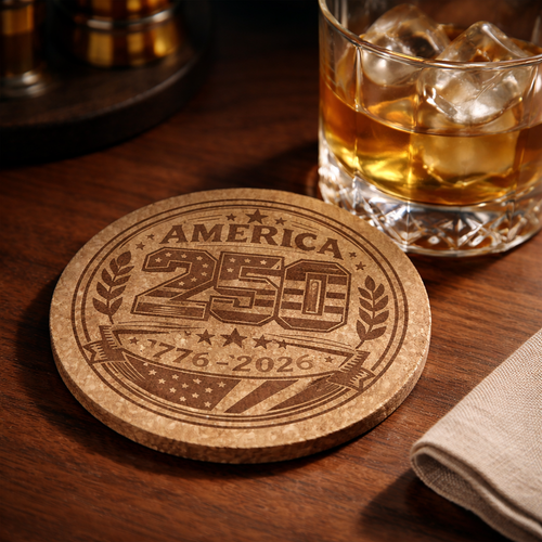 Cork coaster with 'America 250' design on a wooden table with a glass of whiskey.