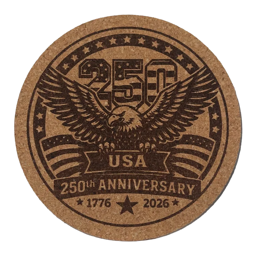 Cork coaster with an eagle design celebrating the 250th anniversary of the USA on a white background.