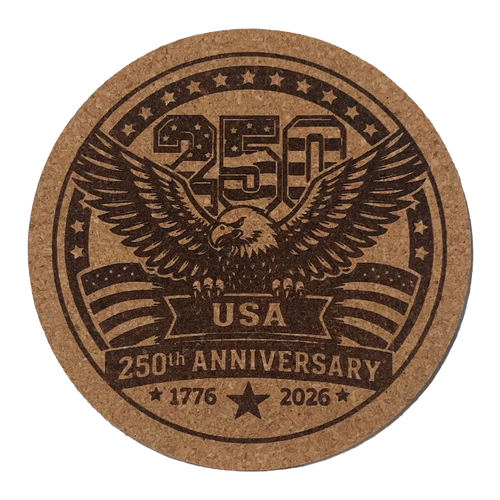 Cork coaster with an eagle design celebrating the 250th anniversary of the USA on a white background.
