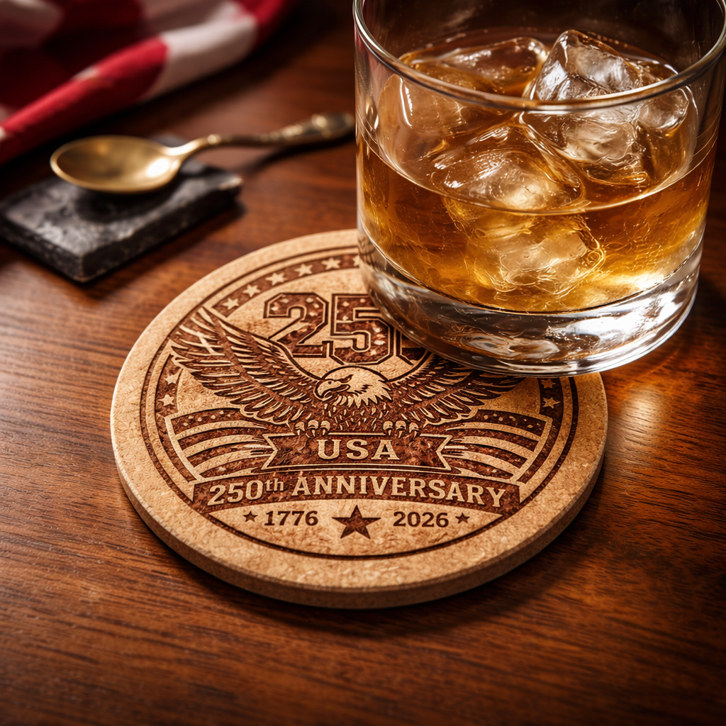 Glass of whiskey with ice on a wooden coaster with 250th Anniversary USA design.