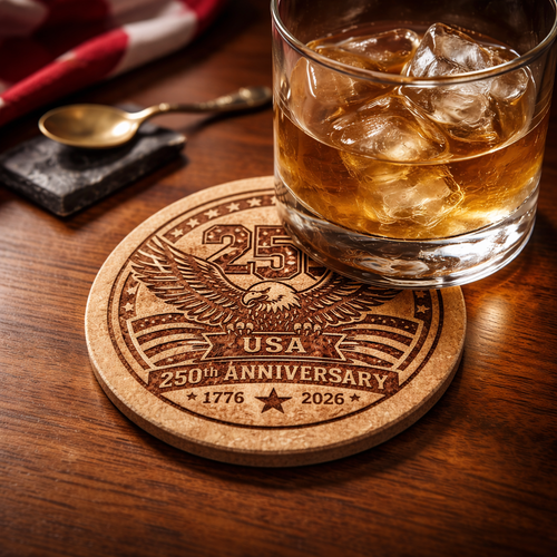 Glass of whiskey with ice on a wooden coaster with 250th Anniversary USA design.