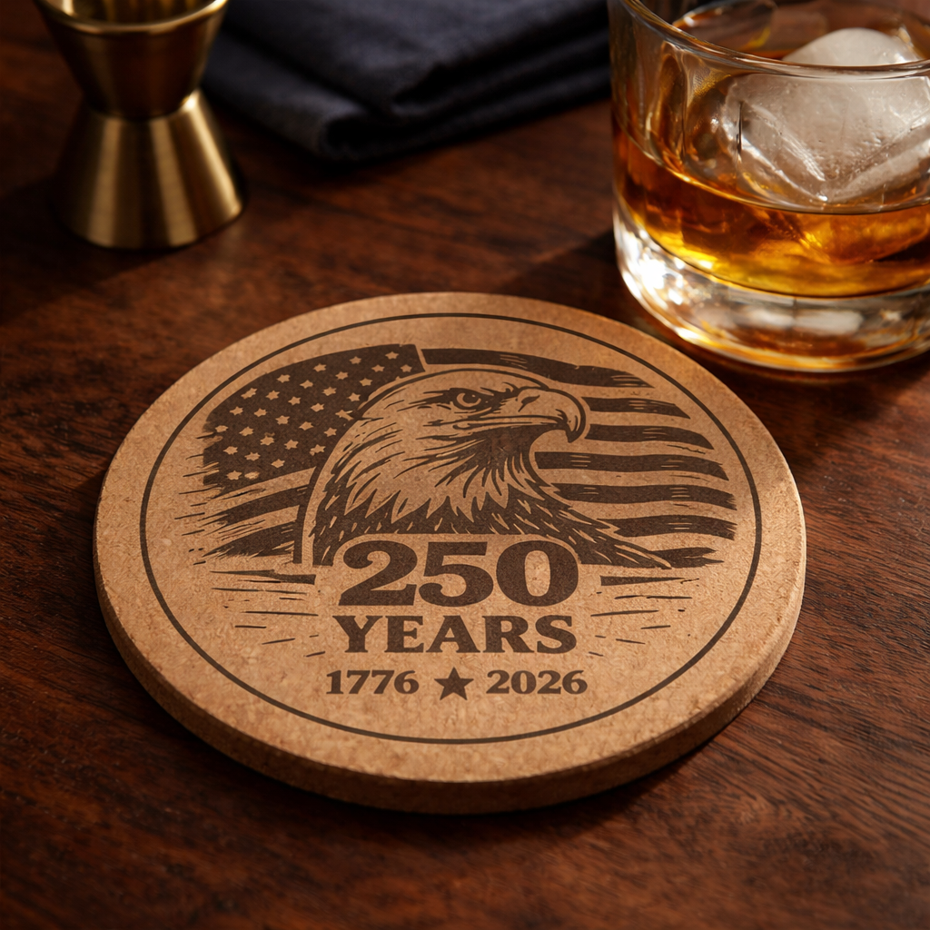 Coaster with eagle and '250 Years 1776-2026' design on a wooden surface with a glass of whiskey.
