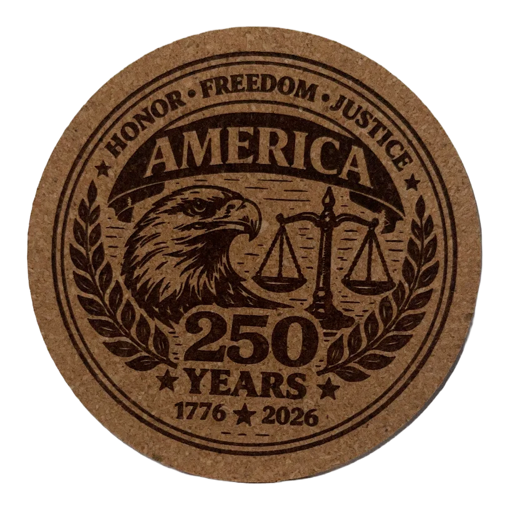 Round cork coaster with an eagle, scales of justice, and 'America 250 Years' text on a white background