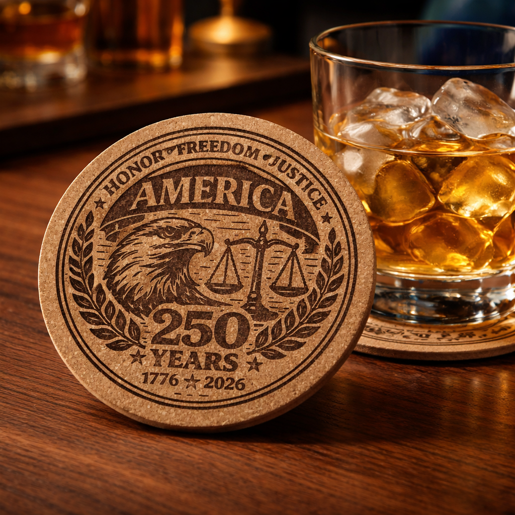 Cork coaster with engraved design of an eagle and scales, placed on a wooden surface next to a glass of whiskey.