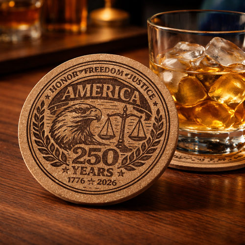 Cork coaster with engraved design of an eagle and scales, placed on a wooden surface next to a glass of whiskey.