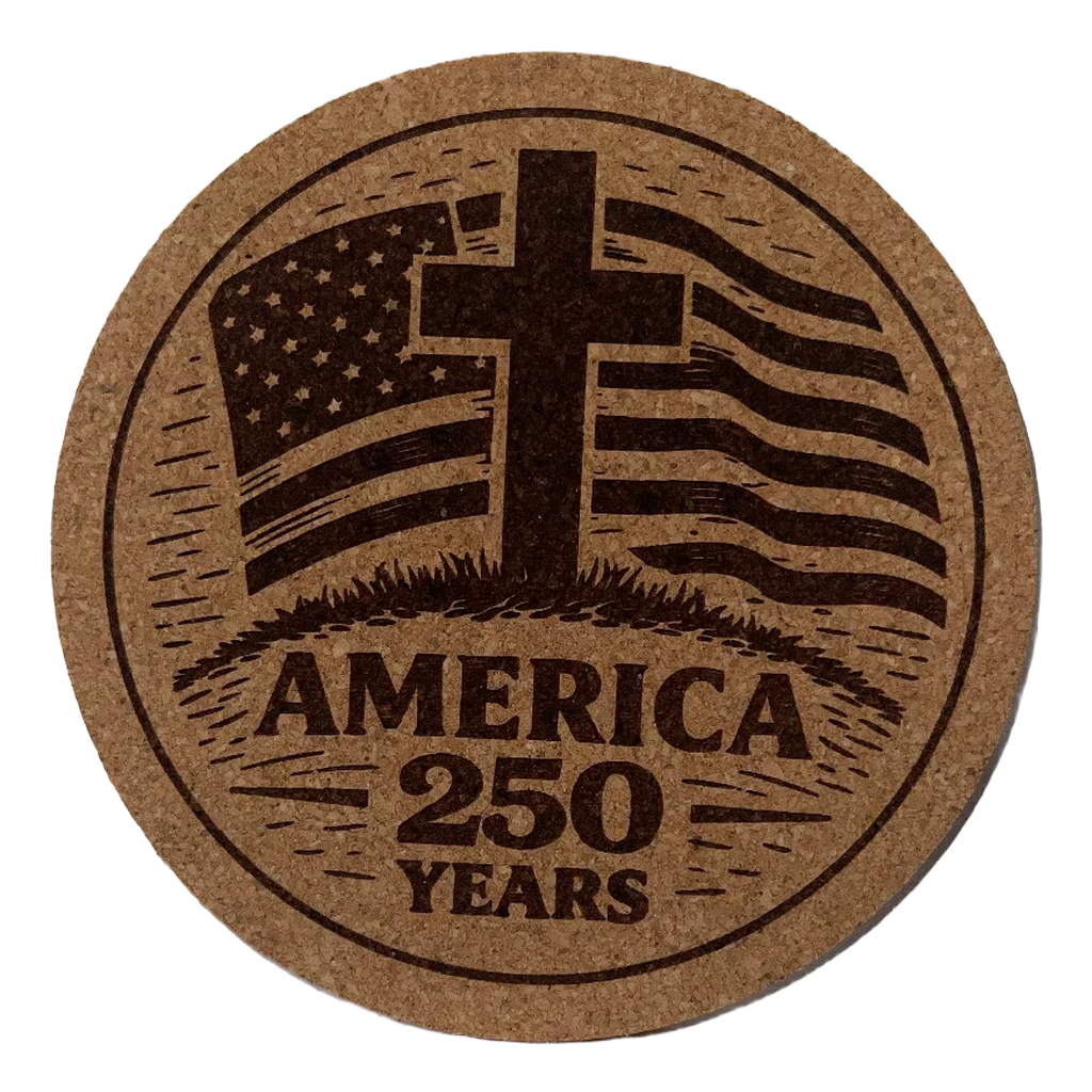 Round cork coaster with American flag and cross design, celebrating America 250 years.