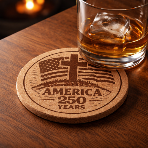 Cork coaster with 'America 250 Years' design next to a glass of whiskey on a wooden surface.