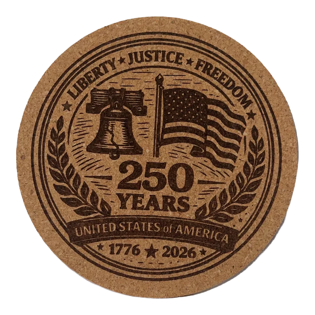 Cork coaster with American flag, liberty bell, and '250 Years' text on a white background