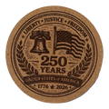 Cork coaster with American flag, liberty bell, and '250 Years' text on a white background