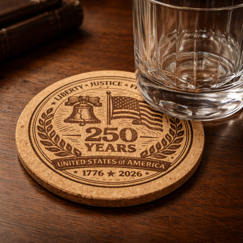 Cork coaster celebrating 250 years of the United States on a wooden surface with a glass.