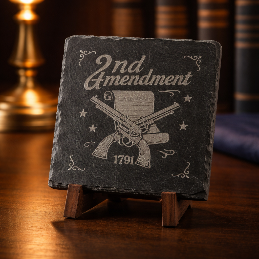 4 Inch Slate Coaster - 2nd Amendment Crossed Pistols 1791– 2nd Amendment theme