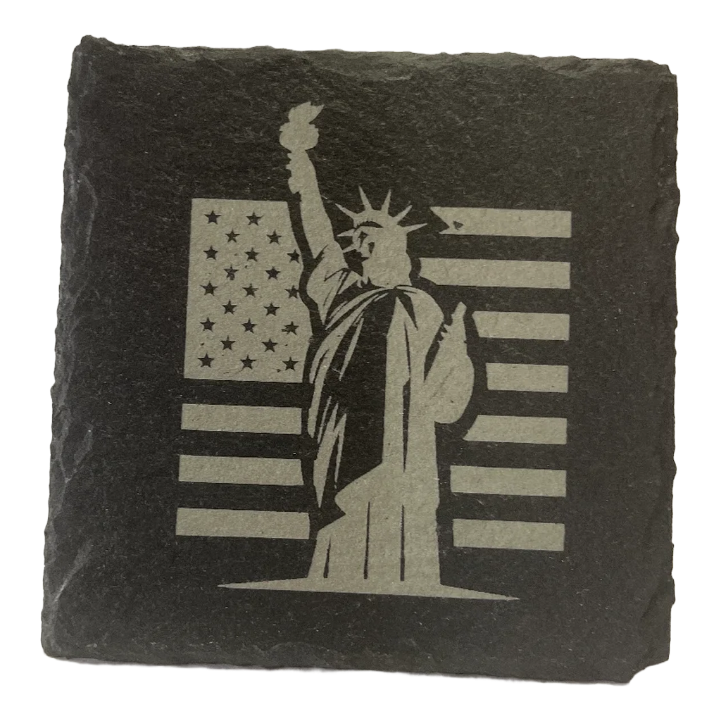 4 Inch Slate Coaster – Statue of Liberty with USA Flag – 2nd Amendment theme