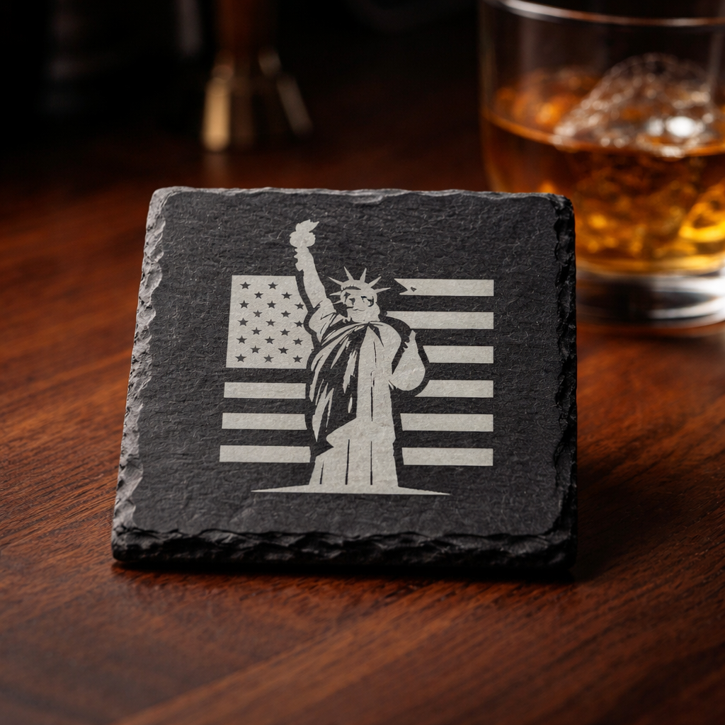 4 Inch Slate Coaster – Statue of Liberty with USA Flag – 2nd Amendment theme