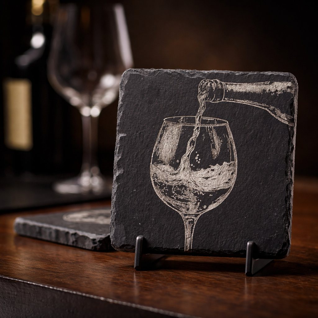 4 Inch Slate Coaster – Wine Pouring into Glass – Wine theme