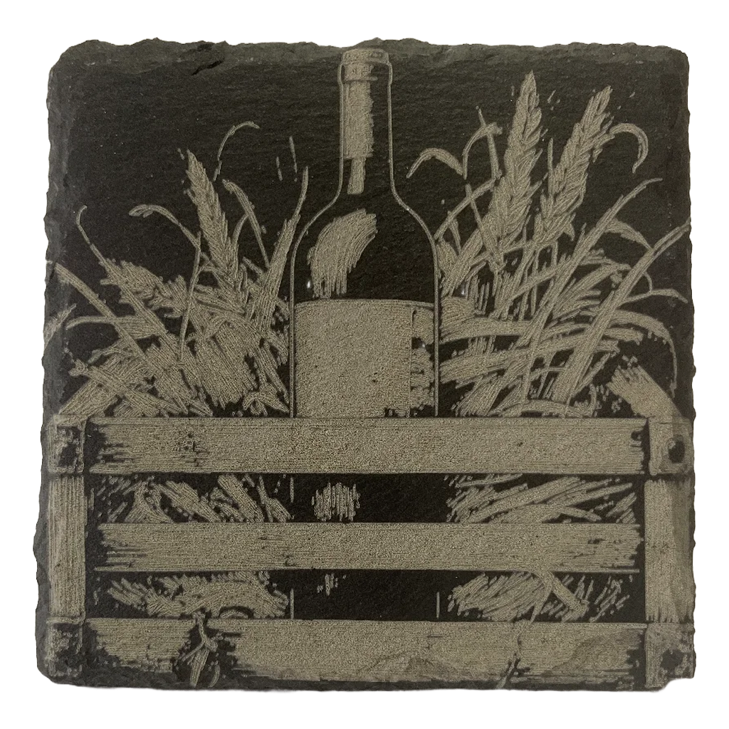 4 Inch Slate Coaster – Wine Bottle in Wheat– Wine theme