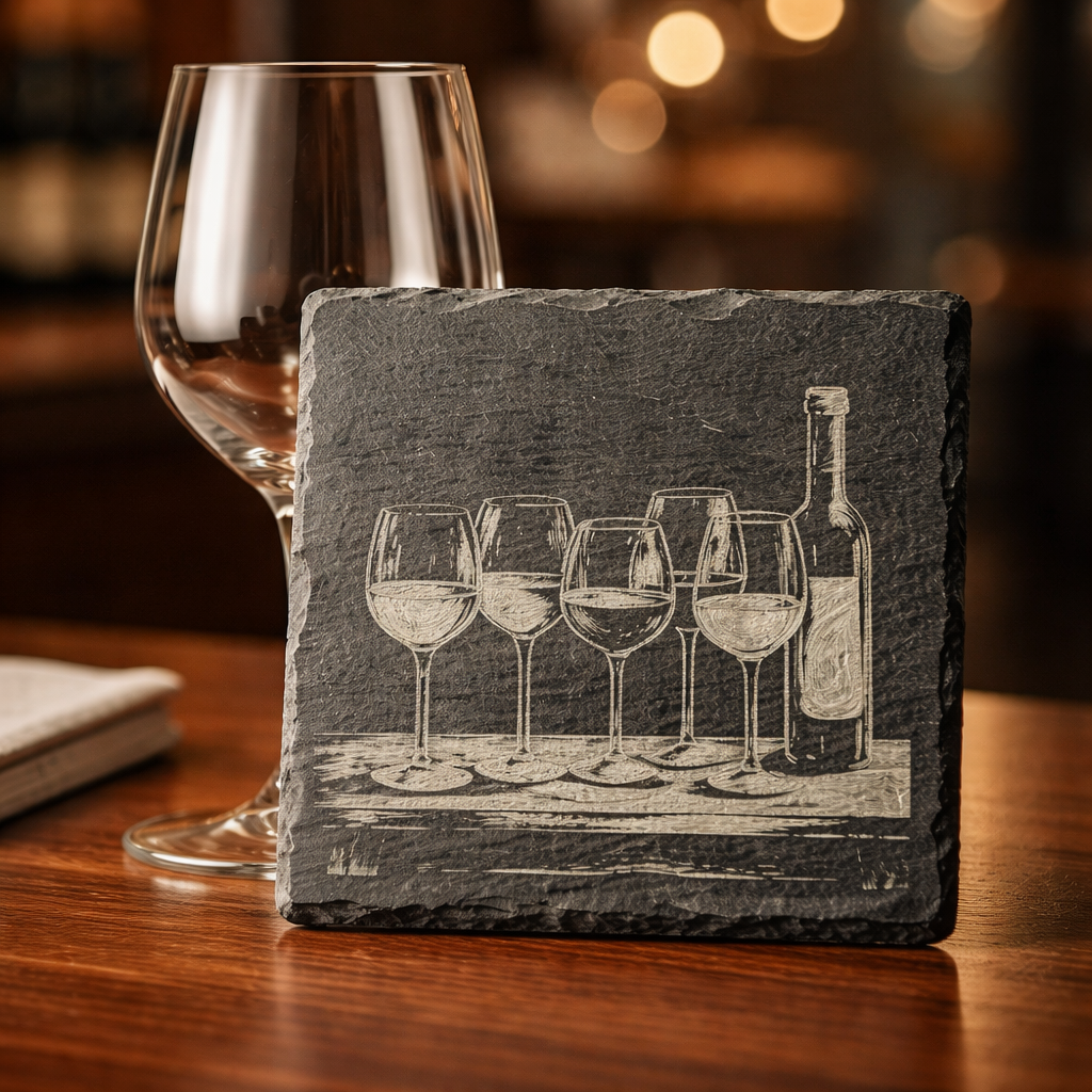 4 Inch Slate Coaster – Wine Glasses with Wine Bottle – Wine theme
