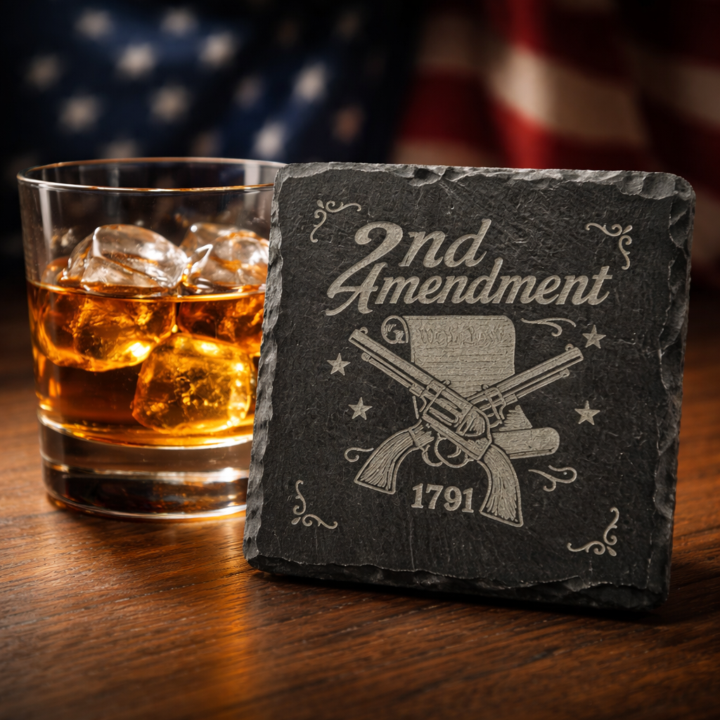 4 Inch Slate Coaster - 2nd Amendment Crossed Pistols 1791– 2nd Amendment theme