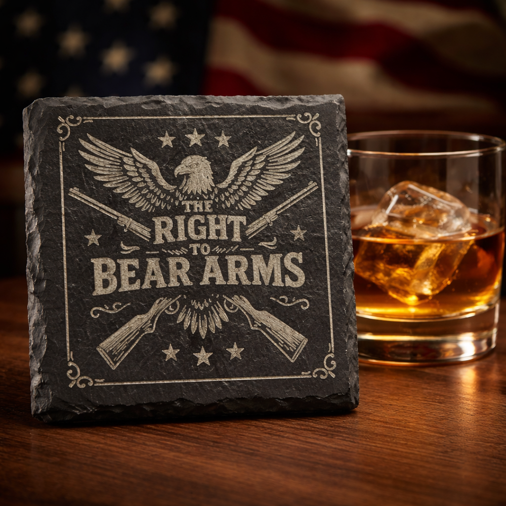 4 Inch Slate Coaster – The Right To Bear Arms Eagle and Crossed Rifles – 2nd Amendment theme