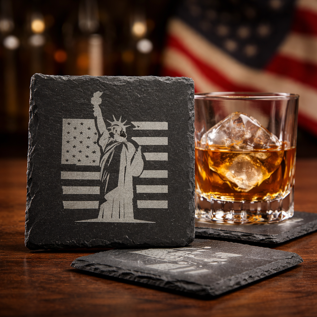 4 Inch Slate Coaster – Statue of Liberty with USA Flag – 2nd Amendment theme