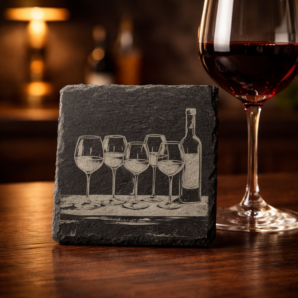 4 Inch Slate Coaster – Wine Glasses with Wine Bottle – Wine theme