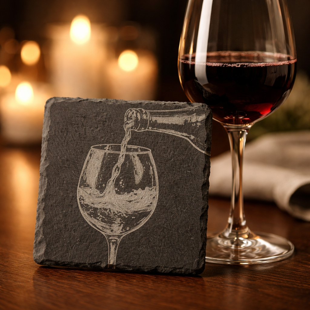 4 Inch Slate Coaster – Wine Pouring into Glass – Wine theme