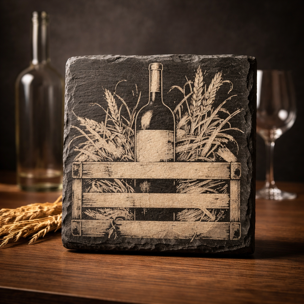 4 Inch Slate Coaster – Wine Bottle in Wheat– Wine theme
